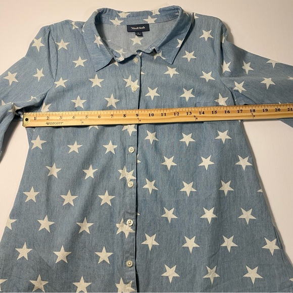 ModCloth Blue Cotton Chambray Star Print Long-Sleeve Button Shirt - Picture 14 of 15